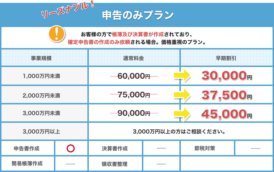 申告のみプランの価格表